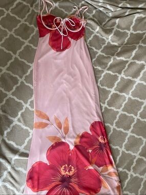 Pink Floral Slip Dress with Red Bloom Detail